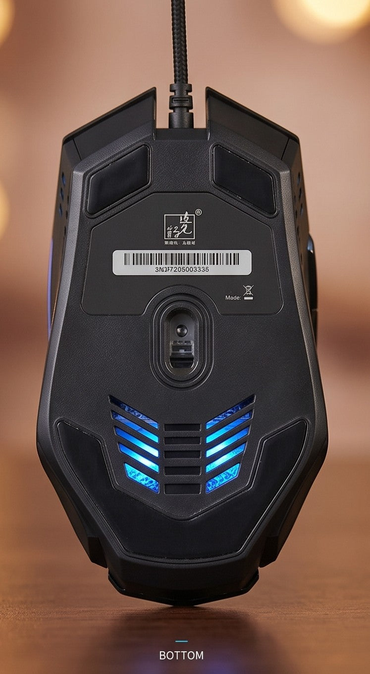 Black gaming mouse with blue LED lighting on a wooden surface