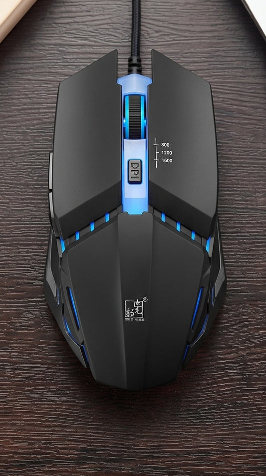 Gaming mouse with LED lighting on a wooden surface