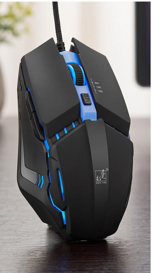 Black gaming mouse with blue accents on a wooden surface