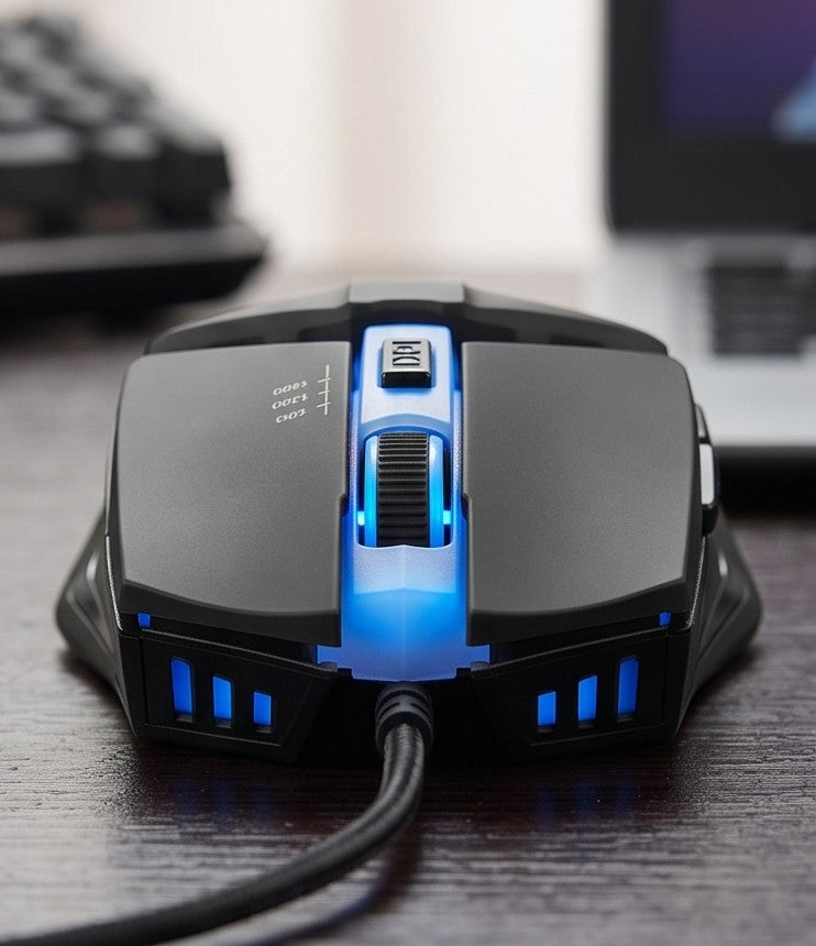Gaming mouse with blue lights on a desk