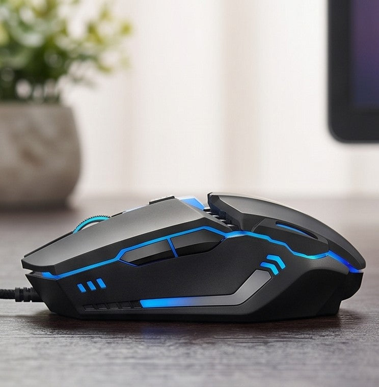 Gaming mouse with blue accents on a desk