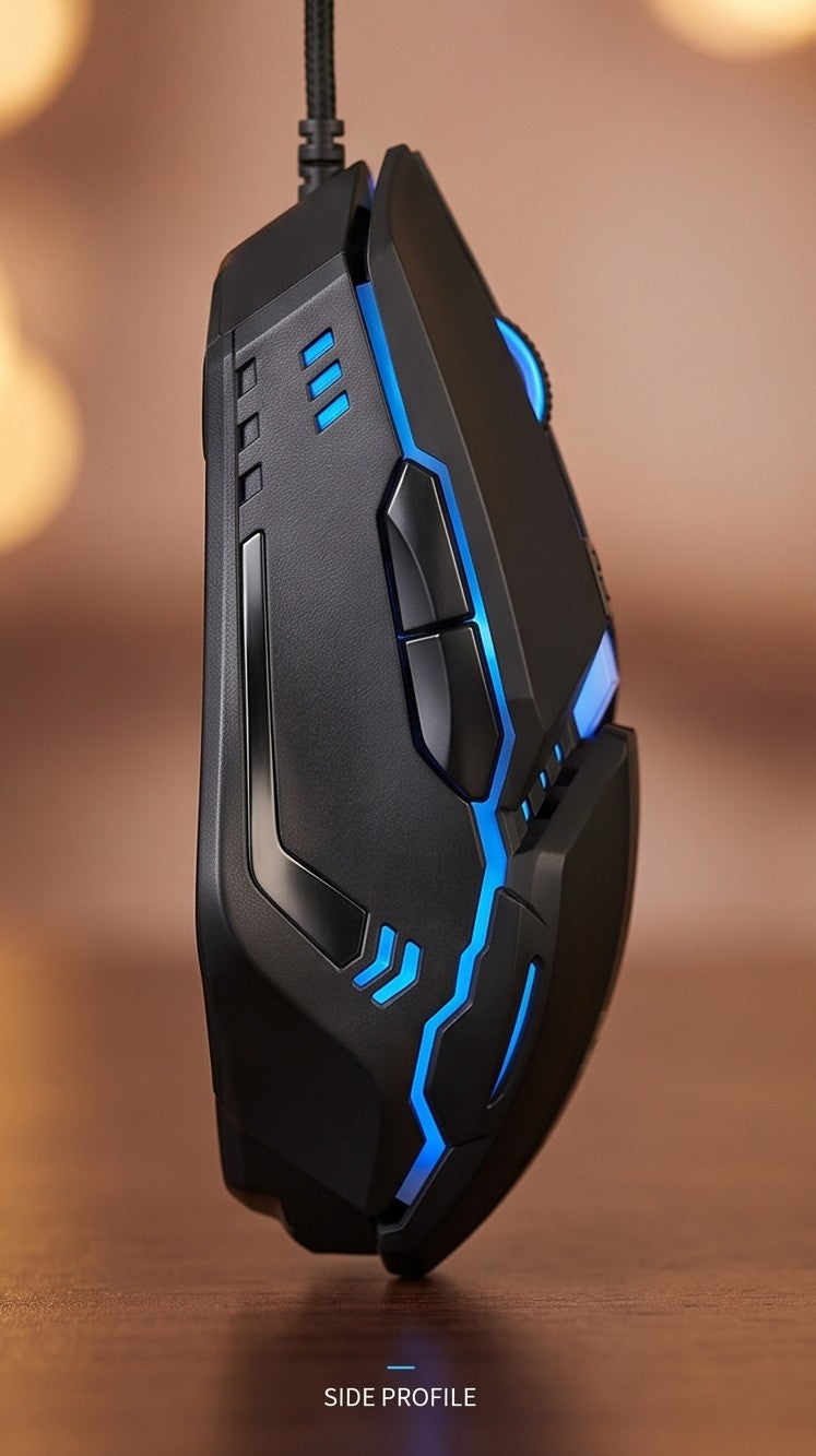 Gaming mouse with blue accents on a wooden surface