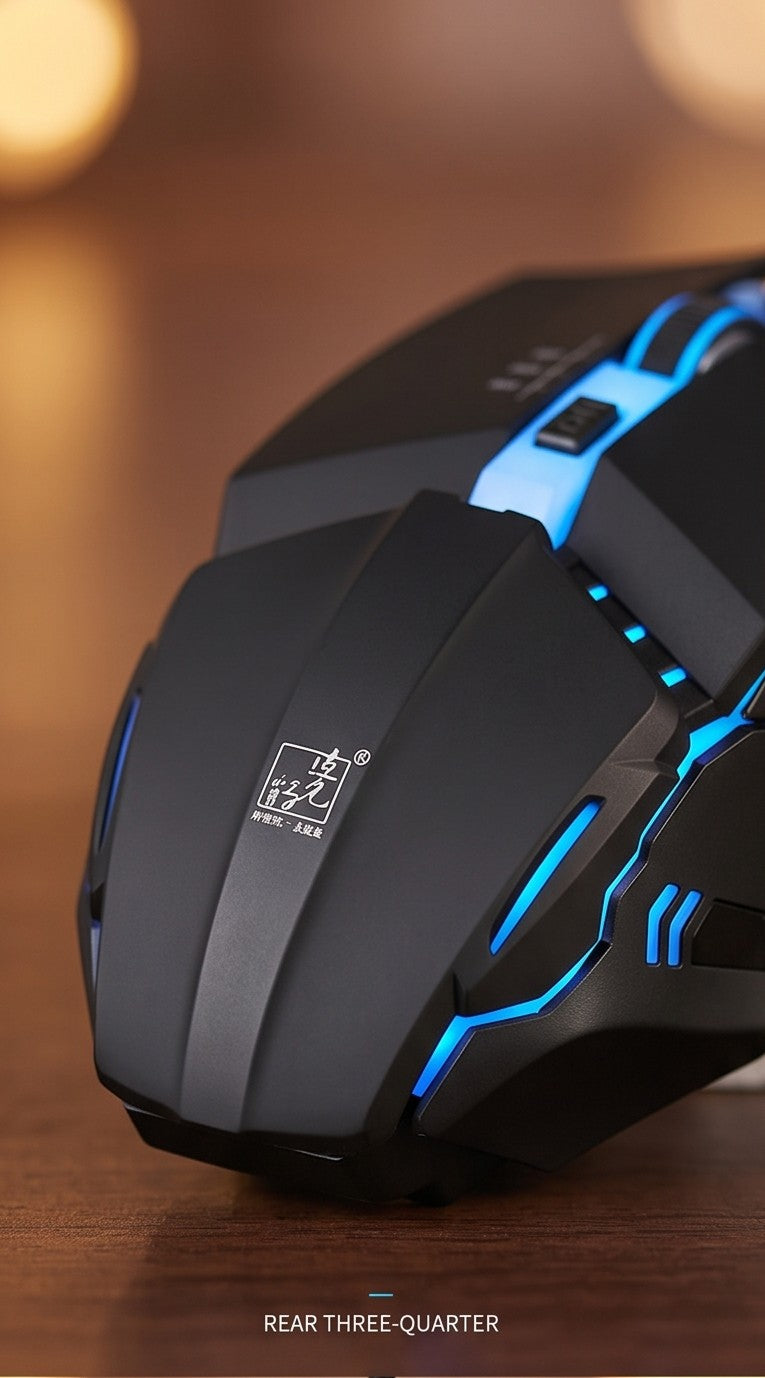 Gaming mouse with blue accents on a wooden surface